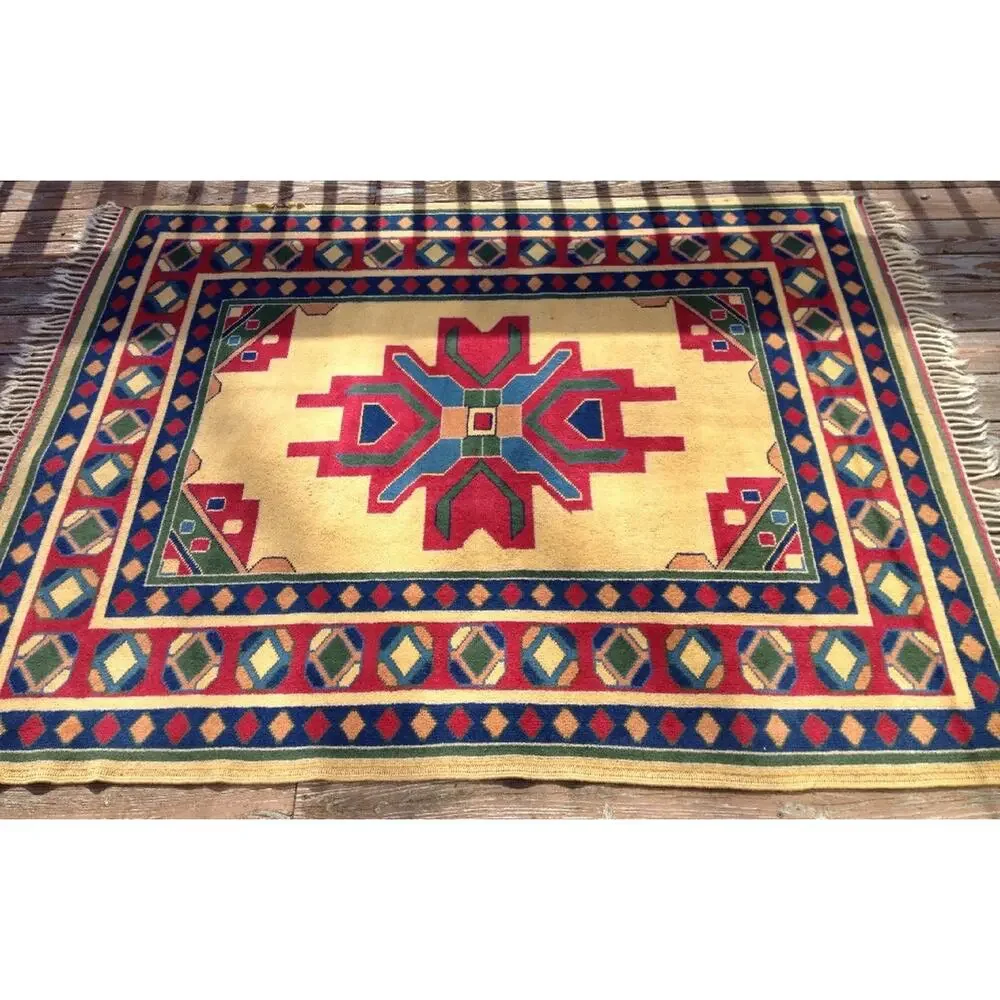 Vintage Antique Colorful Flat Weave Turkish Geometric Area Rug 100% Wool 5x6